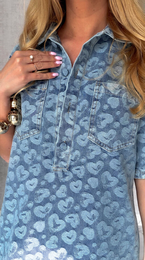 Oryginalna jeansowa sukienka OVERSIZE w serduszka ONE SIZE - S014