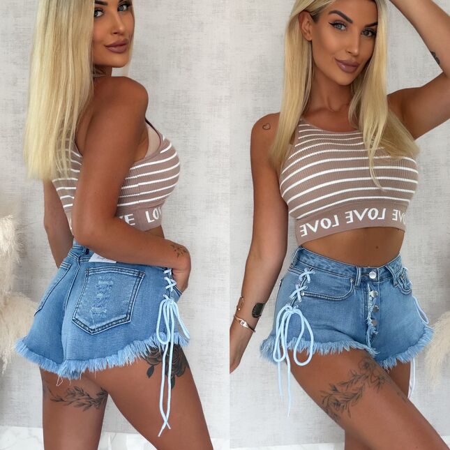 Krótkie letnie szorty jeansowe z ozdobnym wiązaniem BLUE JEANS - S182