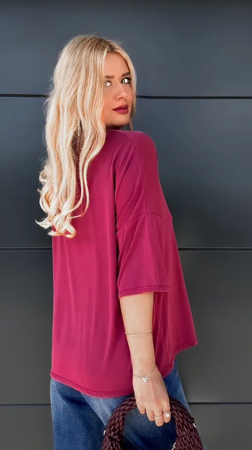 Bordowa luźna bluzka z kamelią ONE SIZE wiskoza - P788B