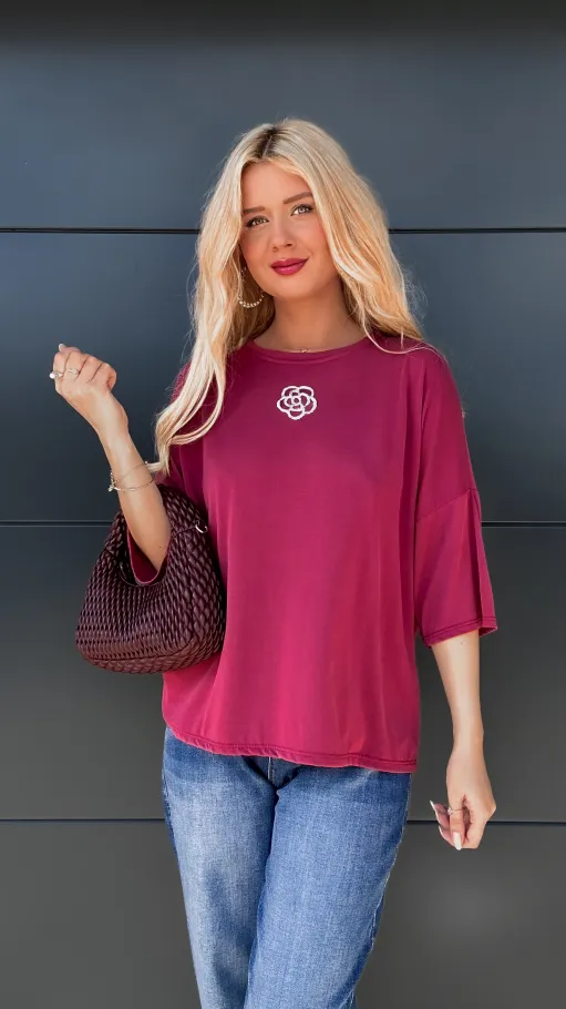 Bordowa luźna bluzka z kamelią ONE SIZE wiskoza - P788B