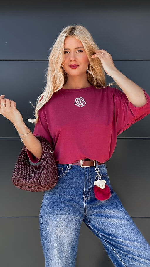 Bordowa luźna bluzka z kamelią ONE SIZE wiskoza - P788B
