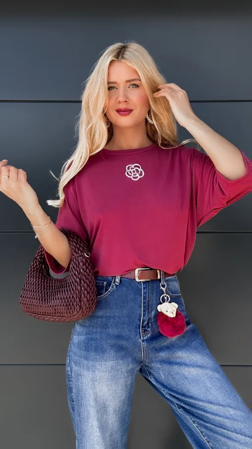 Bordowa luźna bluzka z kamelią ONE SIZE wiskoza - P788B