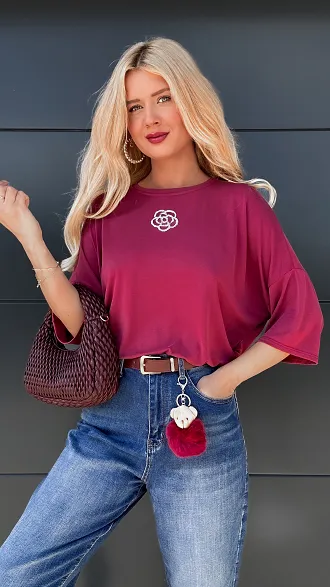 Bordowa luźna bluzka z kamelią ONE SIZE wiskoza - P788B