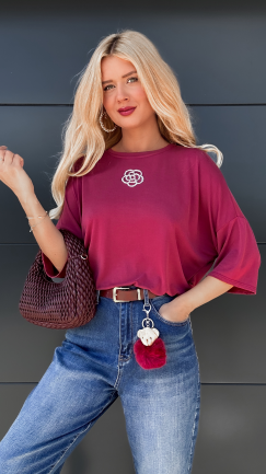 Bordowa luźna bluzka z kamelią ONE SIZE wiskoza - P788B