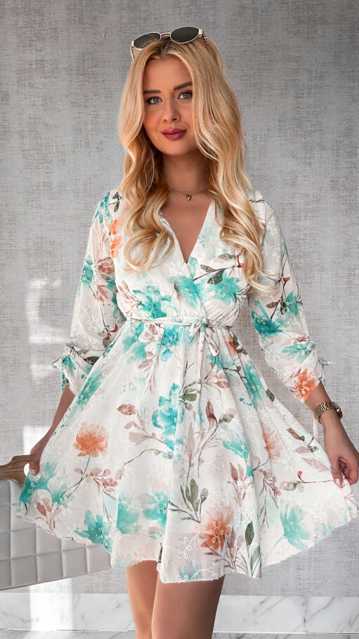 Mini sukienka w ZIELONE haftowane i malowane kwiaty ONE SIZE - P441A