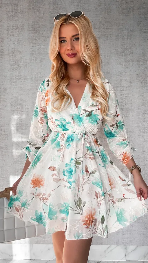 Mini sukienka w ZIELONE haftowane i malowane kwiaty ONE SIZE - P441A