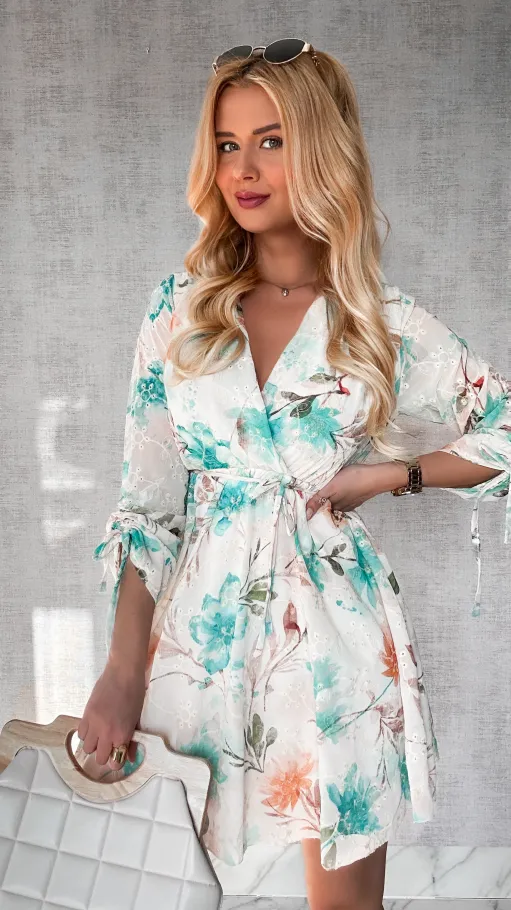 Mini sukienka w ZIELONE haftowane i malowane kwiaty ONE SIZE - P441A