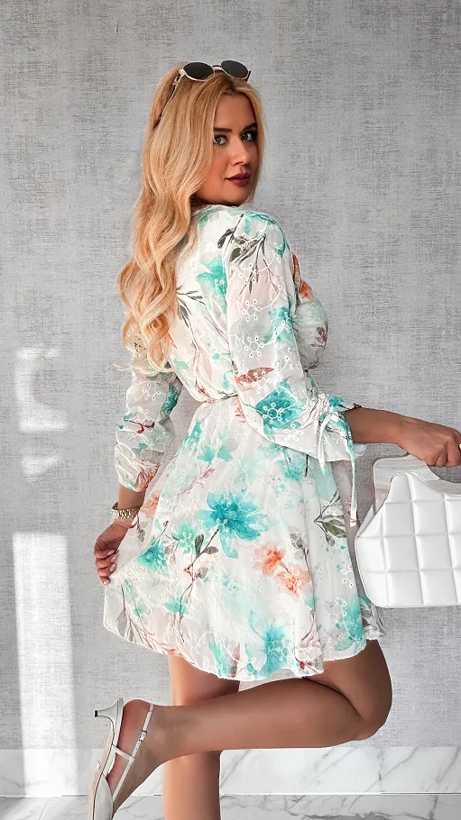 Mini sukienka w ZIELONE haftowane i malowane kwiaty ONE SIZE - P441A