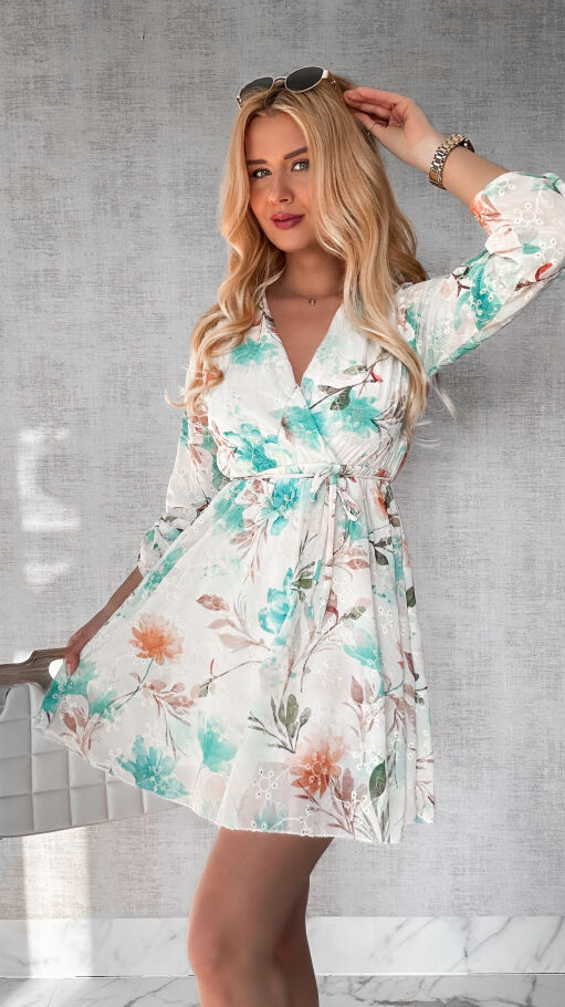 Mini sukienka w ZIELONE haftowane i malowane kwiaty ONE SIZE - P441A