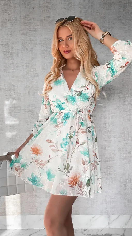 Mini sukienka w ZIELONE haftowane i malowane kwiaty ONE SIZE - P441A