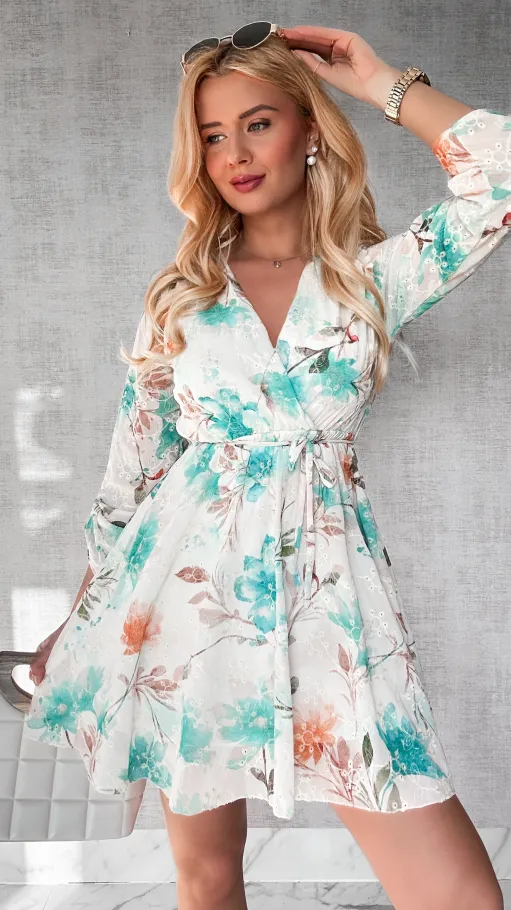 Mini sukienka w ZIELONE haftowane i malowane kwiaty ONE SIZE - P441A