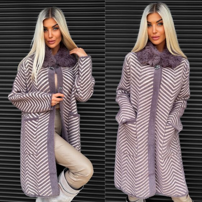 Wełniany płaszcz ALPAKA w jodełkę ONE SIZE wrzosowo-beżowy - S399A
