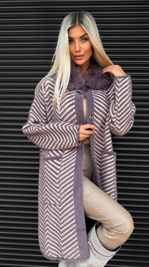 Wełniany płaszcz ALPAKA w jodełkę ONE SIZE wrzosowo-beżowy - S399A