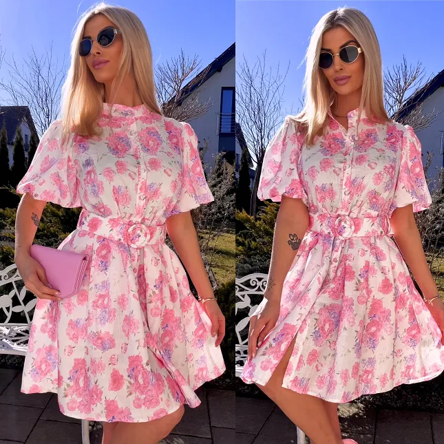 Kwiatowa sukienka zapinana na guziki BAWEŁNA i LEN - R769