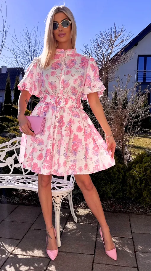 Kwiatowa sukienka zapinana na guziki BAWEŁNA i LEN - R769