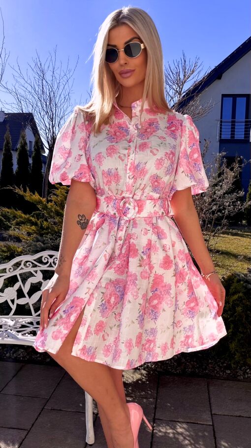 Kwiatowa sukienka zapinana na guziki BAWEŁNA i LEN - R769