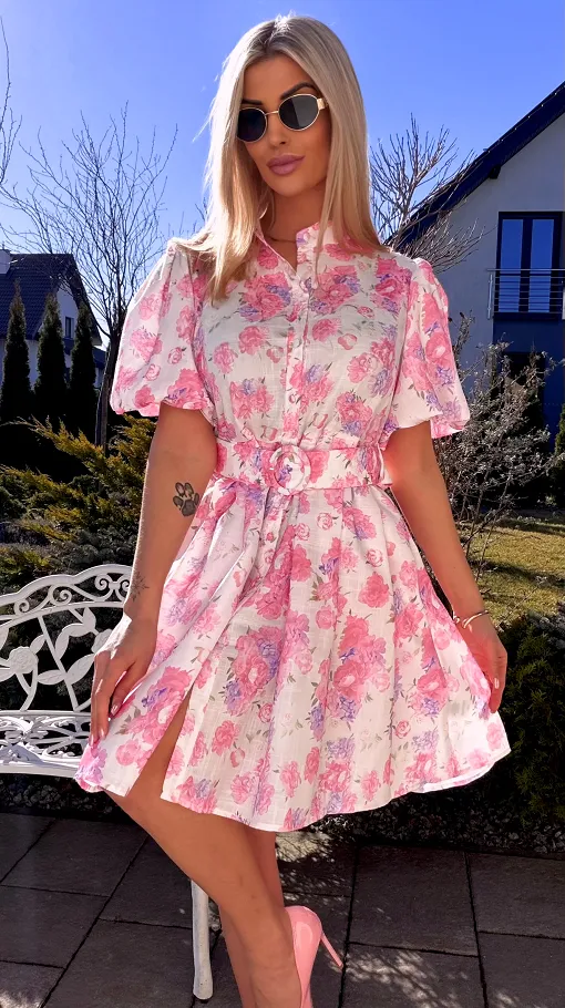 Kwiatowa sukienka zapinana na guziki BAWEŁNA i LEN - R769