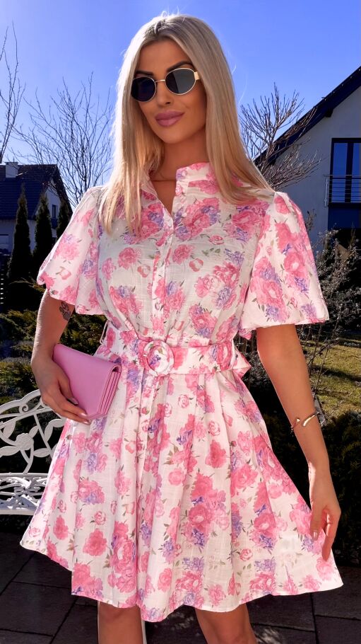 Kwiatowa sukienka zapinana na guziki BAWEŁNA i LEN - R769