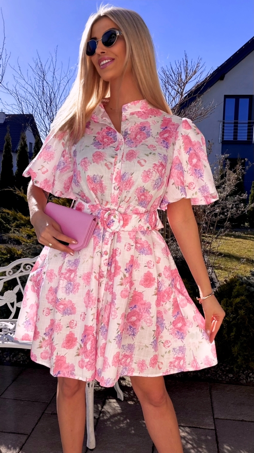 Kwiatowa sukienka zapinana na guziki BAWEŁNA i LEN - R769