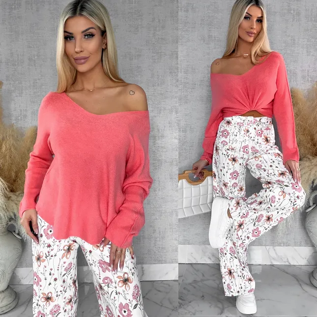 Pomarańczowy sweter na wiosnę w szpic ONE SIZE - R661B