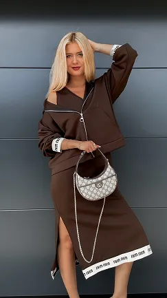 Wygodny BRĄZOWY komplet jesienny bluza z kapturem + sukienka ONE SIZE - R034B