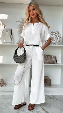 Biały letni komplet luźna bluzka + spodnie ONE SIZE - P895