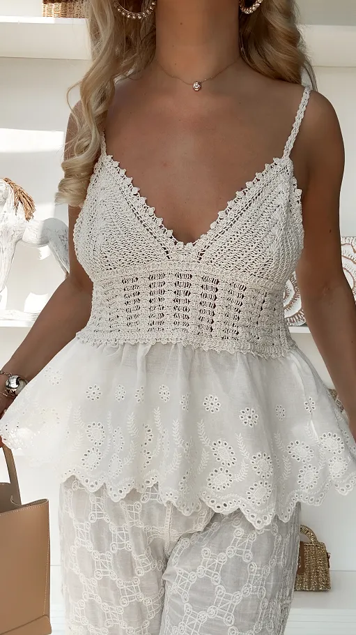 Szydełkowa bluzka BOHO na ramiączkach z bawełny ONE SIZE - P928