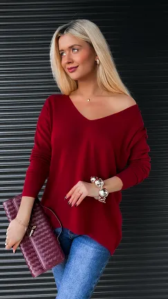 Lekki dzianinowy sweter w serek BORDO one size - R313