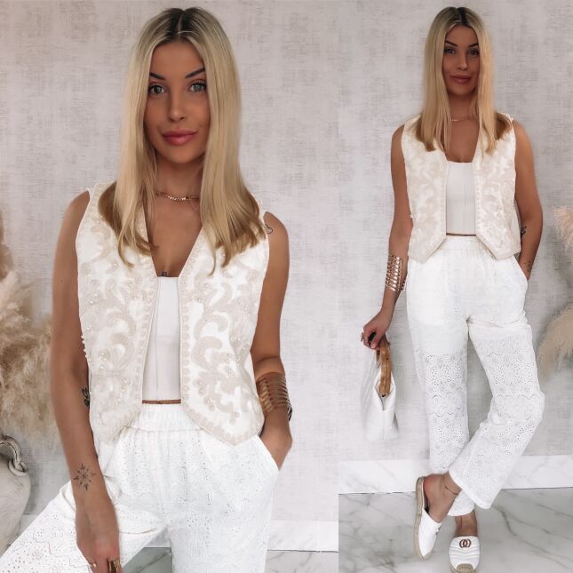 Jeansowa kamizelka ECRU z haftami i perełkami ONE SIZE 100% bawełna - R908