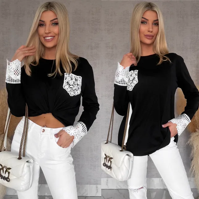 Czarna bawełniana bluzka z białą gipiurą ONE SIZE - R461