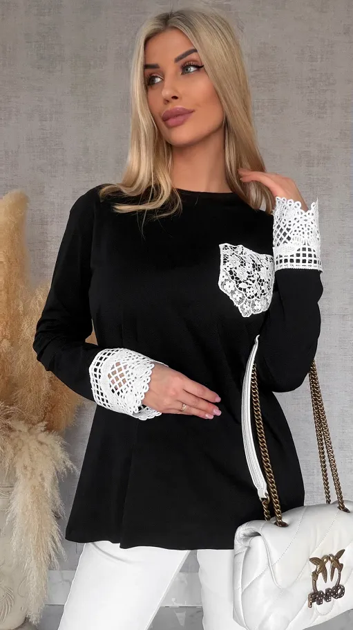 Czarna bawełniana bluzka z białą gipiurą ONE SIZE - R461