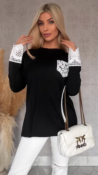 Czarna bawełniana bluzka z białą gipiurą ONE SIZE - R461