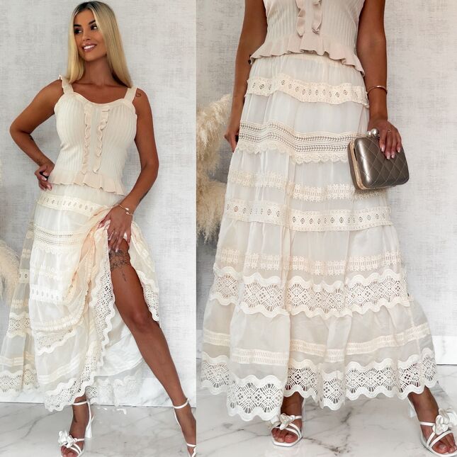 Piękna długa spódnica w stylu boho w kolorze ECRU - S122