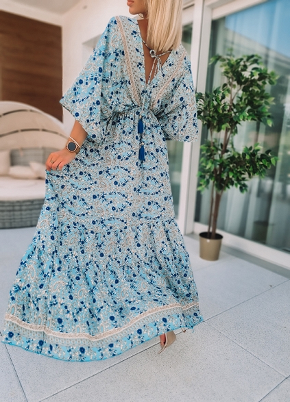 Maxi KWIATOWA sukienka zielono-niebieska - K741 