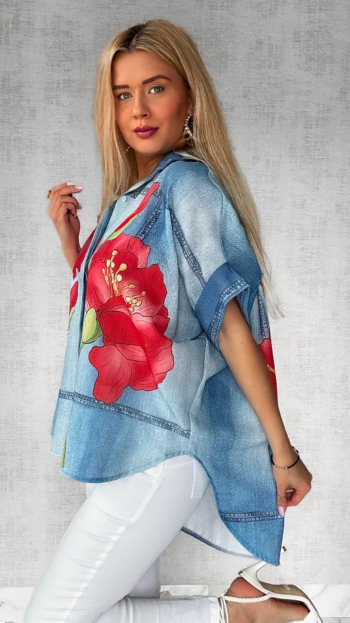 Asymetryczna lniana koszula w jeansowym wzorze w kwiaty - P734