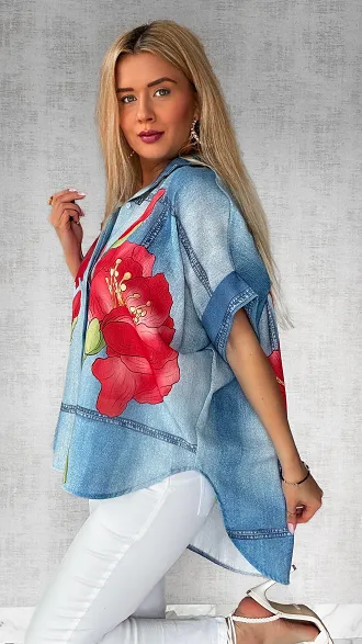 Asymetryczna lniana koszula w jeansowym wzorze w kwiaty - P734