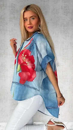 Asymetryczna lniana koszula w jeansowym wzorze w kwiaty - P734