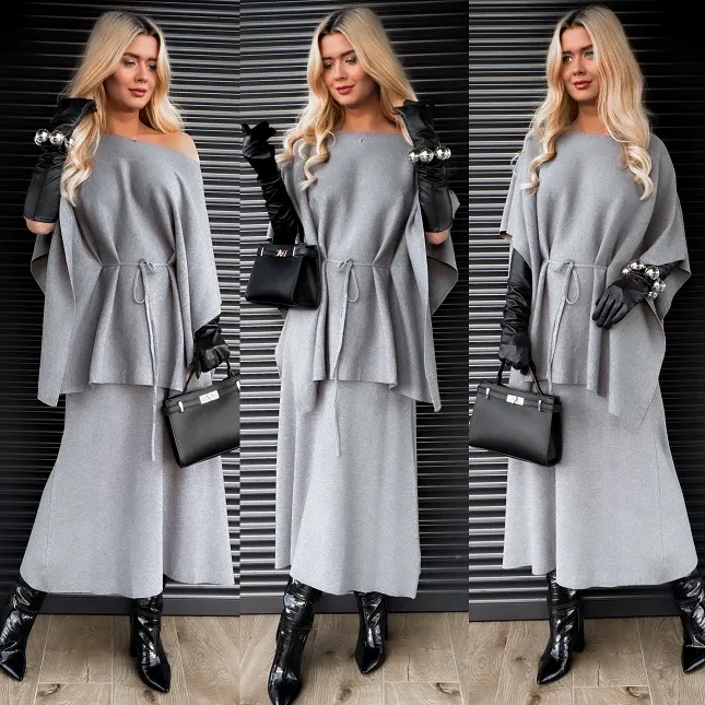 Elegancki dzianinowy komplet tunika + spódnica ONE SIZE szary - R315