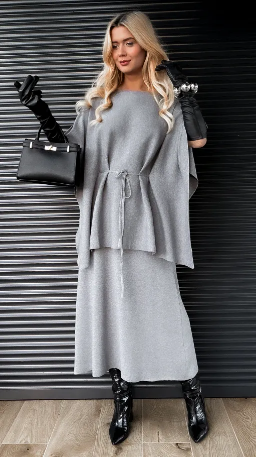Elegancki dzianinowy komplet tunika + spódnica ONE SIZE szary - R315