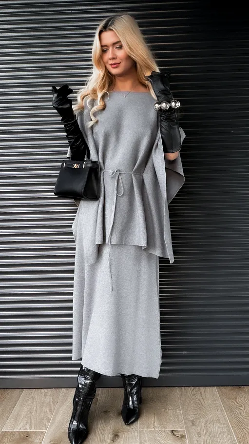 Elegancki dzianinowy komplet tunika + spódnica ONE SIZE szary - R315