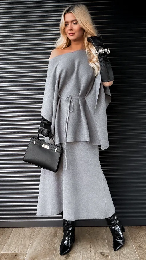 Elegancki dzianinowy komplet tunika + spódnica ONE SIZE szary - R315