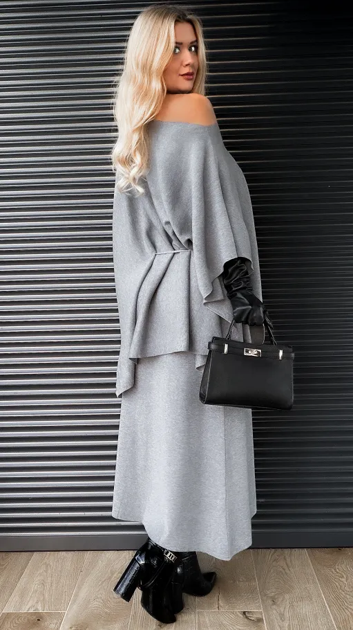 Elegancki dzianinowy komplet tunika + spódnica ONE SIZE szary - R315