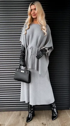 Elegancki dzianinowy komplet tunika + spódnica ONE SIZE szary - R315