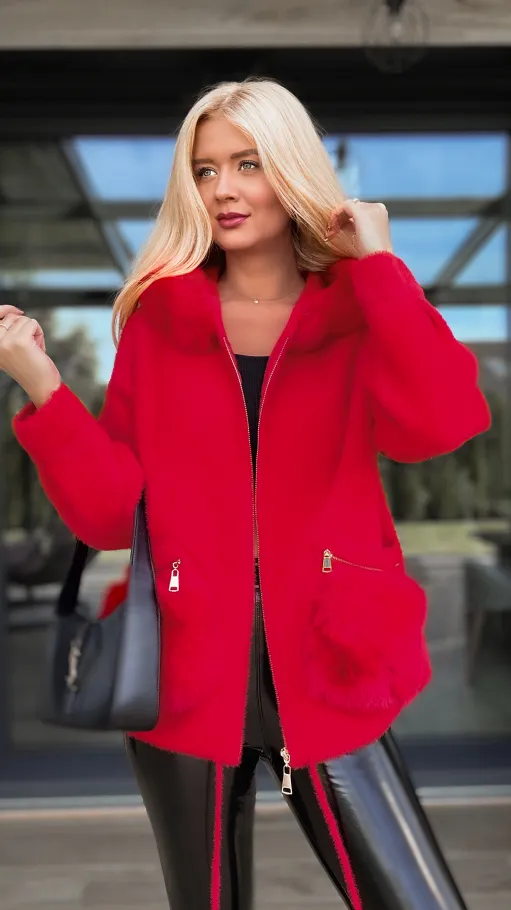 Czerwona ALPAKA z futerkiem i kapturem ONE SIZE - R141