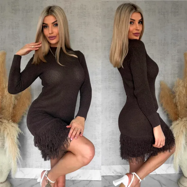 Czekoladowa ażurowa sukienka z frędzlami ONE SIZE - R766