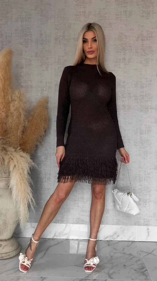 Czekoladowa ażurowa sukienka z frędzlami ONE SIZE - R766