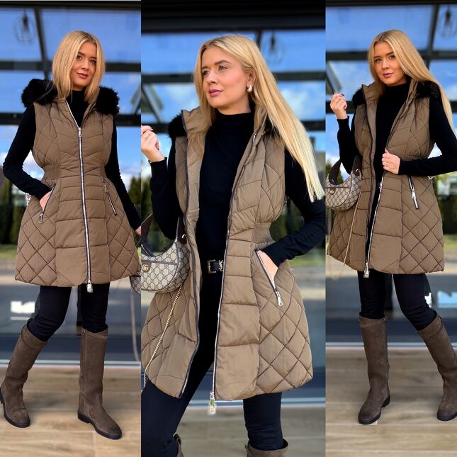 Pikowana rozkloszowana kamizelka z kapturem DARK CAMEL - R229A