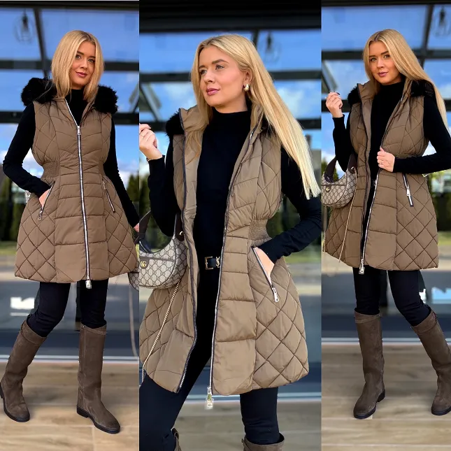 Pikowana rozkloszowana kamizelka z kapturem DARK CAMEL - R229A