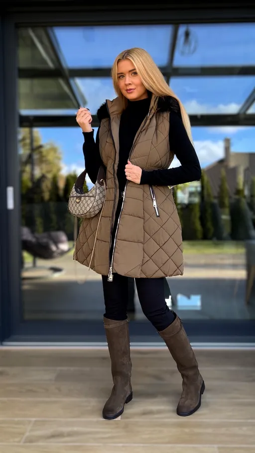 Pikowana rozkloszowana kamizelka z kapturem DARK CAMEL - R229A