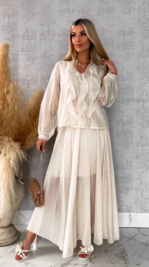 Wiosenny komplet MGIEŁKA bluzka + spódnica ONE SIZE ecru - R560